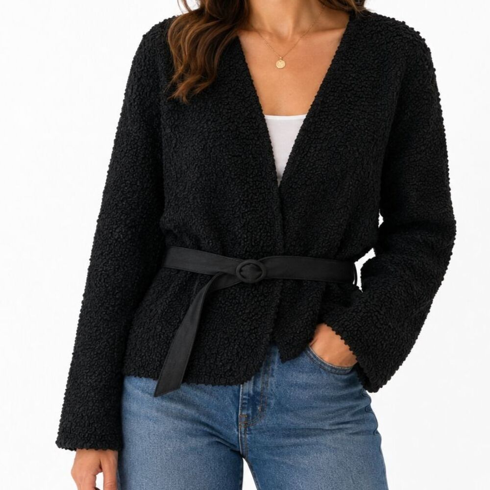 Vintage Black Popcorn Textured Belted Open Cardigan Jacket Made in USA Size 24½